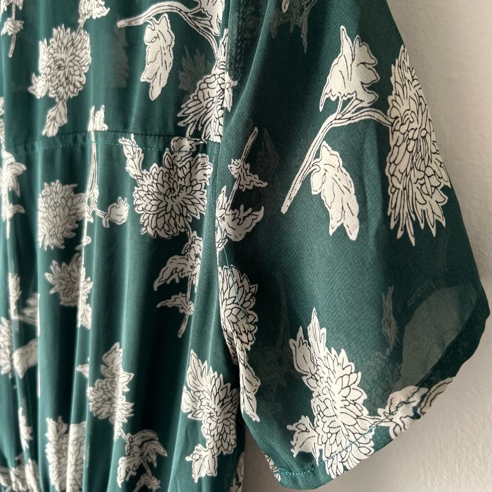 LULU’S Green White Floral Midi Dress | Sheer Sleeve | Mock Neck | Fit Flowy Glam - Picture 9 of 12